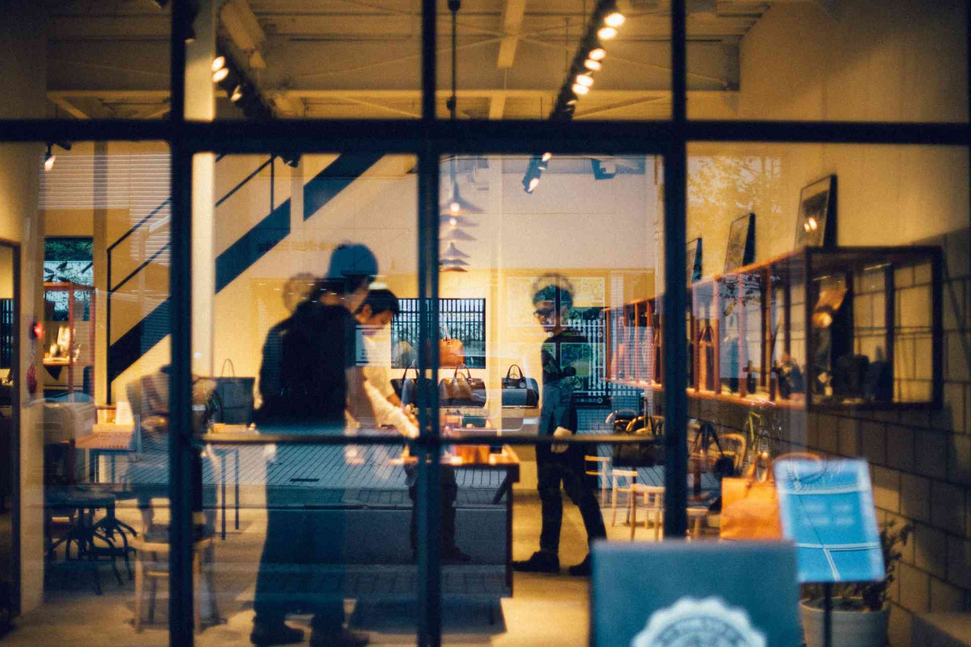 retail shop at night through windows